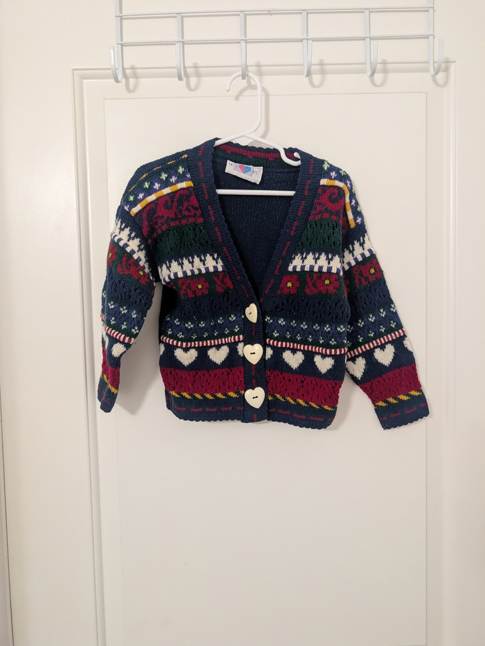 Vintage 90s Heartworks Girls 4T Fair Isle Heart Cardigan USA Made